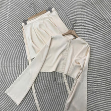 Load image into Gallery viewer, White Elegant Satin Crop Top And Skirt 2 Two-Piece Set Women Lantern Long Sleeves Cardigan Sexy High Waist Mini Skirts Suit 2021