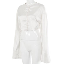 Load image into Gallery viewer, White Elegant Satin Crop Top And Skirt 2 Two-Piece Set Women Lantern Long Sleeves Cardigan Sexy High Waist Mini Skirts 2021 Suit