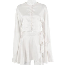Load image into Gallery viewer, White Elegant Satin Crop Top And Skirt 2 Two-Piece Set Women Lantern Long Sleeves Cardigan Sexy High Waist Mini Skirts 2021 Suit