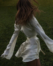 Load image into Gallery viewer, White Elegant Satin Crop Top And Skirt 2 Two-Piece Set Women Lantern Long Sleeves Cardigan Sexy High Waist Mini Skirts 2021 Suit