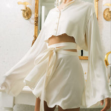 Load image into Gallery viewer, White Elegant Satin Crop Top And Skirt 2 Two-Piece Set Women Lantern Long Sleeves Cardigan Sexy High Waist Mini Skirts Suit 2021