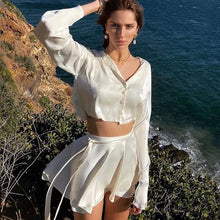 Load image into Gallery viewer, White Elegant Satin Crop Top And Skirt 2 Two-Piece Set Women Lantern Long Sleeves Cardigan Sexy High Waist Mini Skirts 2021 Suit