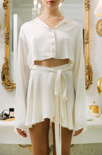 Load image into Gallery viewer, White Elegant Satin Crop Top And Skirt 2 Two-Piece Set Women Lantern Long Sleeves Cardigan Sexy High Waist Mini Skirts Suit 2021