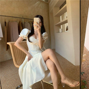 White Elegant Split Dress Women Summer Korean V-Neck Sweet Sexy Midi Dress Female Puff Sleeve Japanese Strapless Party Dress