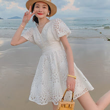 Load image into Gallery viewer, White Embroidery Hollow Out Lace A-Line Dress 2021 Women V-Neck Puff Sleeve Single-Breasted High Waist Slim Beach Mini Dress