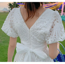 Load image into Gallery viewer, White Embroidery Hollow Out Lace A-Line Dress 2021 Women V-Neck Puff Sleeve Single-Breasted High Waist Slim Beach Mini Dress