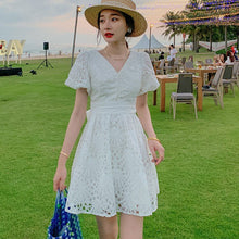 Load image into Gallery viewer, White Embroidery Hollow Out Lace A-Line Dress 2021 Women V-Neck Puff Sleeve Single-Breasted High Waist Slim Beach Mini Dress