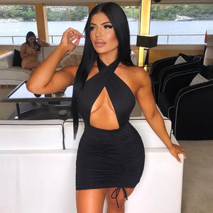 White Halter Neck Backless Bodycon Party Dresses Ruched Bandage Sexy Club Night Birthday Outfit Women Skinny Mini Summer Dress