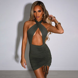 White Halter Neck Backless Bodycon Party Dresses Ruched Bandage Sexy Club Night Birthday Outfit Women Skinny Mini Summer Dress