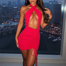 Load image into Gallery viewer, White Halter Neck Backless Bodycon Party Dresses Ruched Bandage Sexy Club Night Birthday Outfit Women Skinny Mini Summer Dress