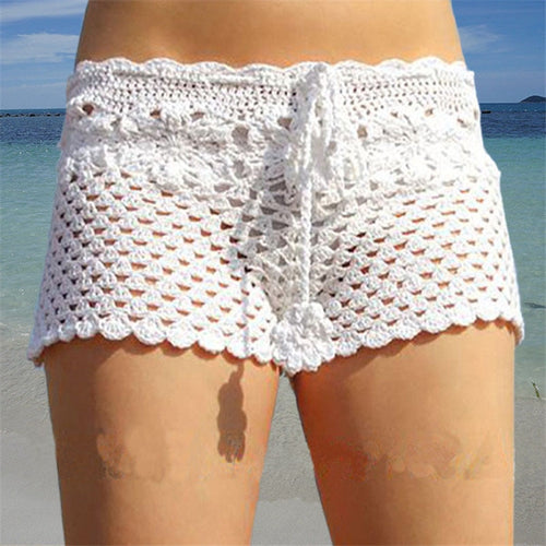 White Knitted Crochet Shorts Women Fashion 2022 Summer See-through Elastic Waist Shorts Beach Tight Shorts Bikini Bottom
