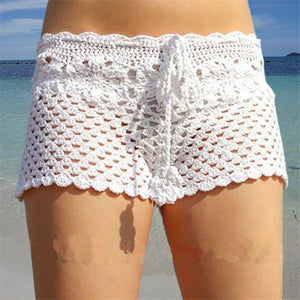 White Knitted Crochet Shorts Women Fashion 2022 Summer See-through Elastic Waist Shorts Beach Tight Shorts Bikini Bottom