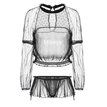 Load image into Gallery viewer, White Long Sleeve Sexy Pajama Set Sheer Long Sleeve Tops Ruffles Shorts Underwear Set Screen Lace Hot Temptation Home Clothes