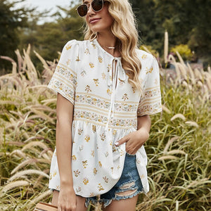 White Patchwork Cotton Blouse Short Sleeve Women Floral Print Top 2021 Summer New Fashion Loose Shirt Office Lady Blusas Mujer