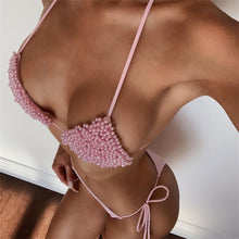 Load image into Gallery viewer, White Pearl Bikini 2021 mujer Sexy Backless Lace-up Swimsuit Pink Micro Mini Beach Swimwear Women  2 Pieces Thong Bikini Sets