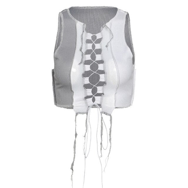 White Sleeveless Urban Cropped Sexy Halter Rhombus Crop Tops for Women Rave Festival Backless Lacing Cropped Feminino Tops