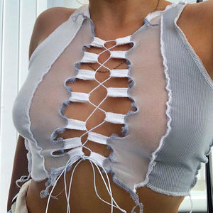 White Sleeveless Urban Cropped Sexy Halter Rhombus Crop Tops for Women Rave Festival Backless Lacing Cropped Feminino Tops