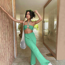Load image into Gallery viewer, White Two Piece Set Flared Trousers Suits Women Sexy Halter Backless Crop top and Pantsuit High Waist Pants Sets Summer Outfits