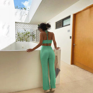 White Two Piece Set Flared Trousers Suits Women Sexy Halter Backless Crop top and Pantsuit High Waist Pants Sets Summer Outfits