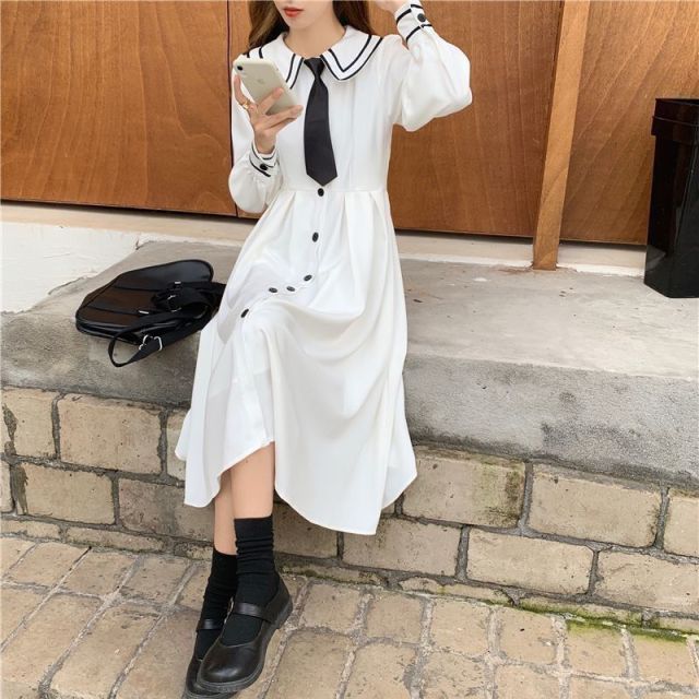 White Winter Long-sleeved Dress Gentle Wind Temperament Mid-length Skirt Female Autumn and Winter 2021