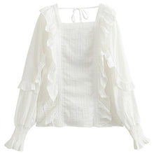 Load image into Gallery viewer, White Women Blouse Square Collar Ruffles Long-Sleeved Loose Elegant Office Lady Pulls Outwear Tops