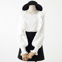 Load image into Gallery viewer, White Women Blouse Square Collar Ruffles Long-Sleeved Loose Elegant Office Lady Pulls Outwear Tops