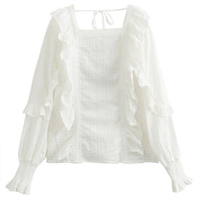 Load image into Gallery viewer, White Women Blouse Square Collar Ruffles Long-Sleeved Loose Elegant Office Lady Pulls Outwear Tops