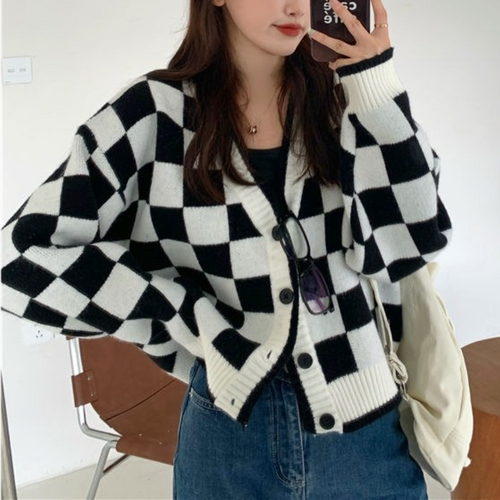 Winter Casual Knitted Cardigan Women Plaid Patchwork Warm Sweater Female Korean Fashion Designer Knitwear Sweater Coat 2021