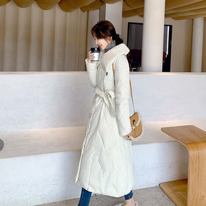 Winter Coat Women Belt Lapel Long Women Jacket Casual Solid Cotton-Padded Clothes Elegant Female Slim Warm Parka Outwear Jacket