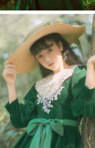 Winter Cottagecore Vintage Green Velvet Dress Woman Prairie Chic Mori Girl Style Casual Midi Dresses Elegant Vestido Festa