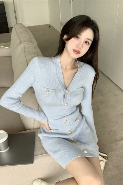Winter Elegant Knitted Sweater Dress Women Vintage Bodycon Party Mini Dress Female Korean Fashion Button Designer Dress 2021