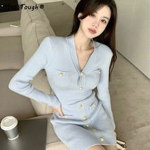 Load image into Gallery viewer, Winter Elegant Knitted Sweater Dress Women Vintage Bodycon Party Mini Dress Female Korean Fashion Button Designer Dress 2021