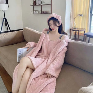 Winter Flannel Pajamas Set For Women Thick Warm Sleepwear Nightgown With Pants Long-Sleeved Cardigan Pyjamas Homewear Clothes