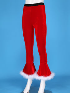 Winter High Waist Flared Pants Casual Faux Fur Adorned Bell Bottoms Trousers Women Vintage Velvet Christmas Pants Sweatpant