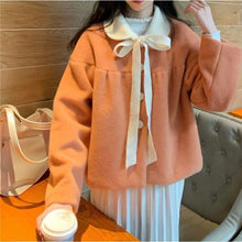 Load image into Gallery viewer, Winter Japanese Sweet Wool Coat Women Bow Patchwork Kawaii Loose Outwear Jacket Female Korean Style Designer Warm Overcoat 2021