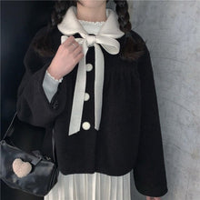 Load image into Gallery viewer, Winter Japanese Sweet Wool Coat Women Bow Patchwork Kawaii Loose Outwear Jacket Female Korean Style Designer Warm Overcoat 2021