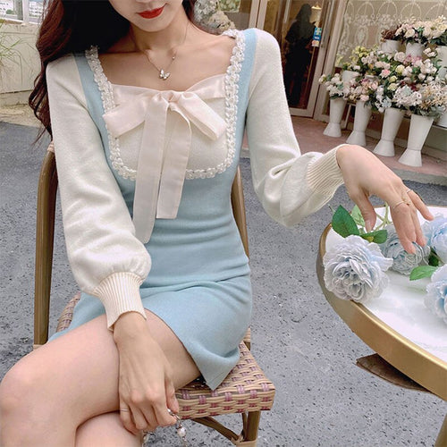 Winter Kawaii Knitted Dress Women Bow Patchwork Sweet Party Mini Dress Female Korean Elegant Slim Knitwear Sweater Dress 2021