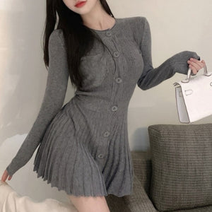 Winter Kawaii Knitted Sweater Dress Women Korean Fashion Sweet Party Mini Dress Female Sexy Solid Pleated Designer Dress 2021