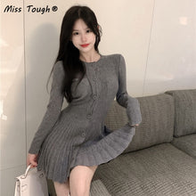 Load image into Gallery viewer, Winter Kawaii Knitted Sweater Dress Women Korean Fashion Sweet Party Mini Dress Female Sexy Solid Pleated Designer Dress 2021