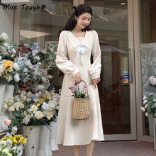 Load image into Gallery viewer, Winter Kawaii Vintage One Piece Dress Women Elegant Lace Party Midi Dress Female Solid Korean Fashion Bow Designer Dress 2021