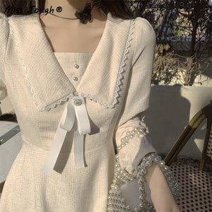 Winter Kawaii Vintage One Piece Dress Women Elegant Lace Party Midi Dress Female Solid Korean Fashion Bow Designer Dress 2021