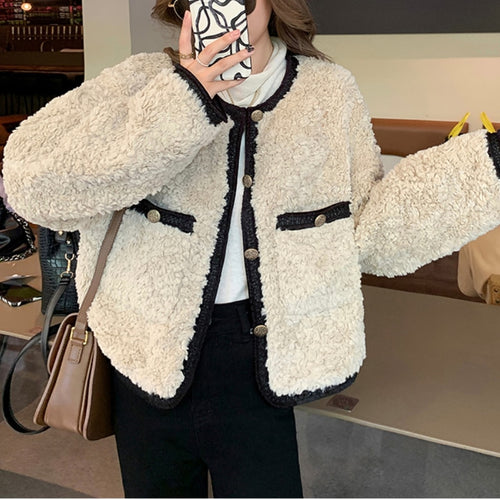 Winter Kawaii Warm Fur Coat Women Korean Fashion Patchwork Mohair Overcoat Female High Street Casual Designer Fleece Jacket 2021