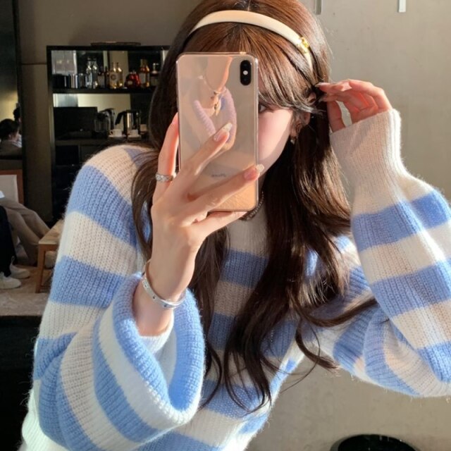 Winter Knitted Pullover Sweater Women Patchwork Casual Striped Sweater Tops Female Korean Fashion Designer Knitwear Sweater 2021