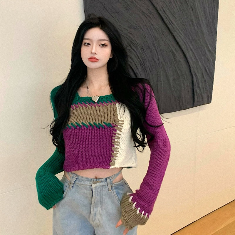 Winter Knitted Y2k Pullover Sweater Women Patchwork Korean Fashion Sweater Tops Female Chic Loose Knitwear Sweater 2021 Autumn