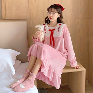 Winter Long Sleeve Thick Warm Flannel Nightgowns for Women Coral Velvet Loose Long Dress Sleepwear Night Dress Nightdress Nighty