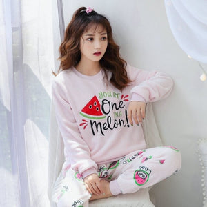 Winter Long Sleeve Thick Warm Flannel Pajama Sets Women Korean Print Coral Velvet Sleepwear Pyjama Pijama Mujer Homewear Clothes