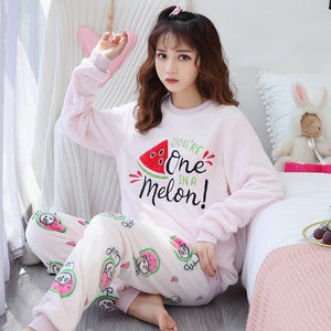 Winter Long Sleeve Thick Warm Flannel Pajama Sets Women Korean Print Coral Velvet Sleepwear Pyjama Pijama Mujer Homewear Clothes
