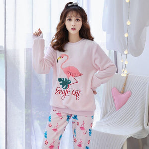 Winter Long Sleeve Thick Warm Flannel Pajama Sets Women Korean Print Coral Velvet Sleepwear Pyjama Pijama Mujer Homewear Clothes