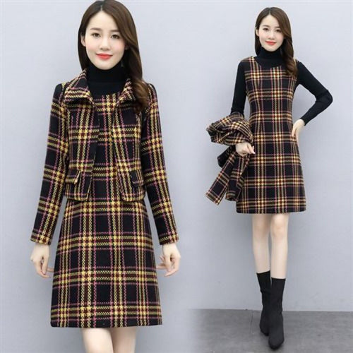 Winter Mother Fashion Temperament Woolen Two-Piece Sets Short Coat + Vest Dress Party Warm Women Suits Plus Size M-4XL