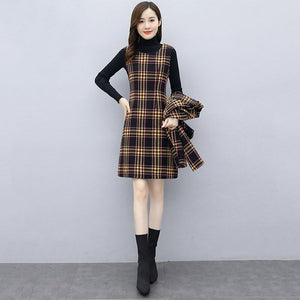 Winter Mother Fashion Temperament Woolen Two-Piece Sets Short Coat + Vest Dress Party Warm Women Suits Plus Size M-4XL